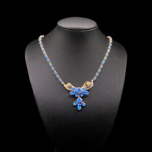 Vintage Midcentury Kramer Necklace Blue Rhinestones Designer Signed UV Reactive